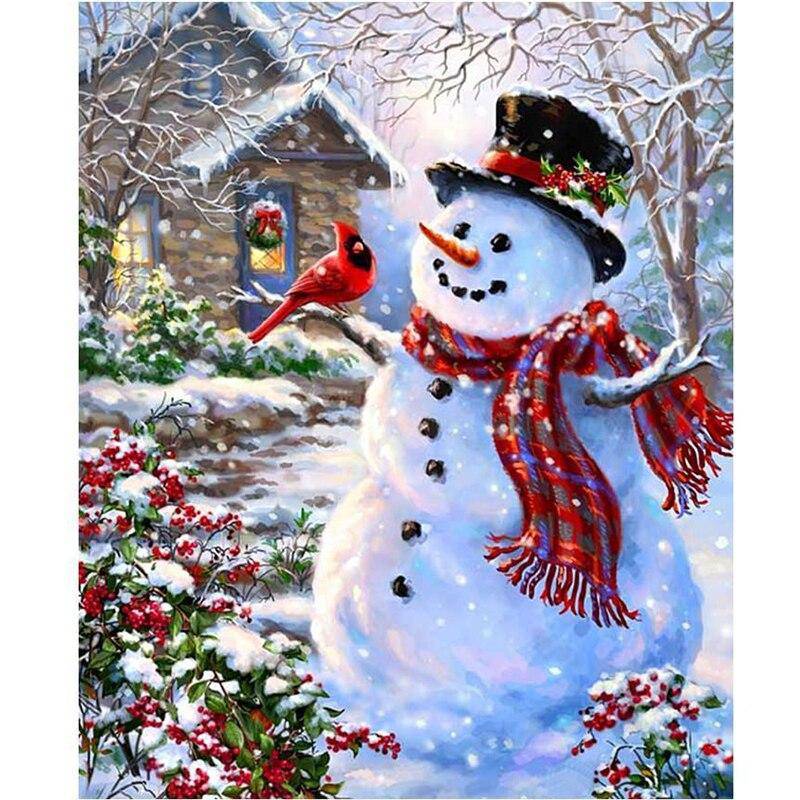 Snowman With Red Bird | Diamond Painting Kit | Diamond Art Kit