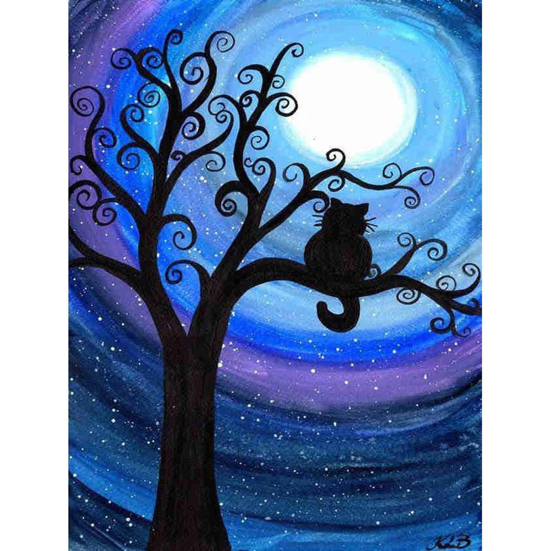 A Black Tree Cat and Moon Diamond Painting Diamond Art Kit