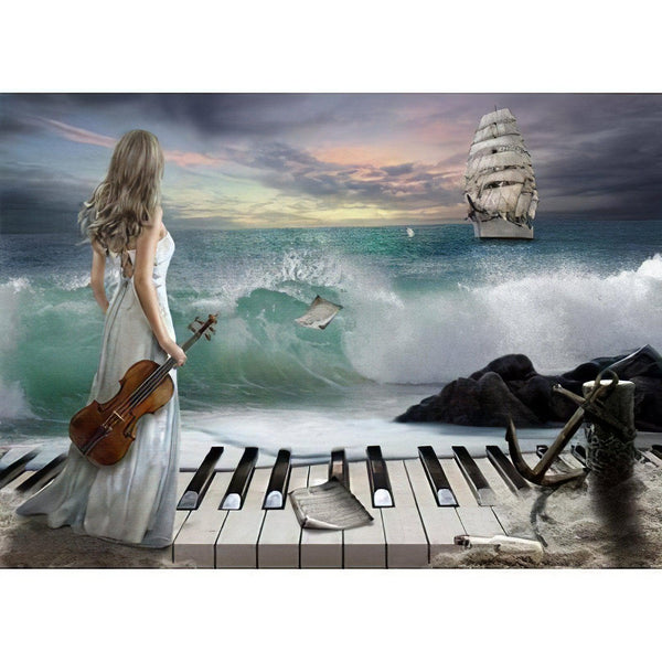 Lady With Violin In Front Of The The Sea Diamond Painting Diamond Art Kit