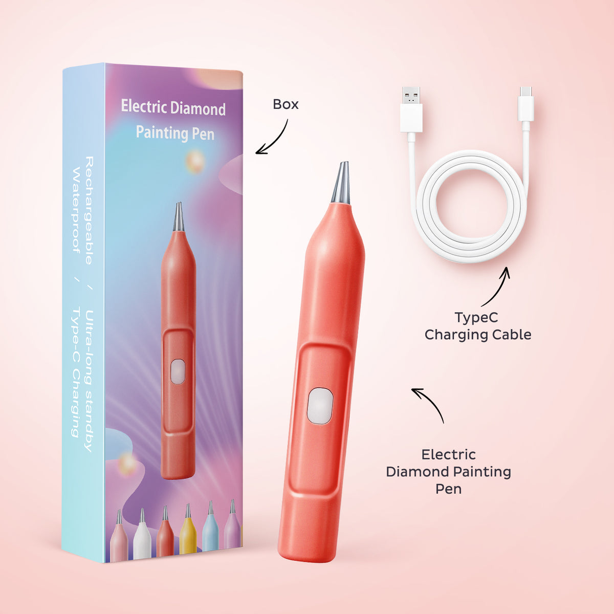 Diesisa Electric Vacuum Diamond Painting Pen Kit – 3 Pens, Adjustable Suction, 1200mAh Battery, Includes Tray & Case (Pink)