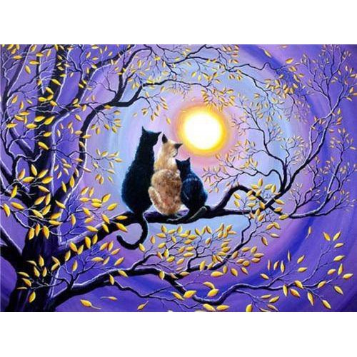 Three Cat Sitting On Tree At Moonlit Night Diamond Painting Diamond Art Kit