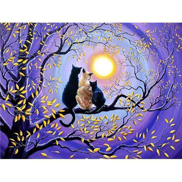 Three Cats On The Tree Under The Moon Diamond Painting Diamond Art Kit