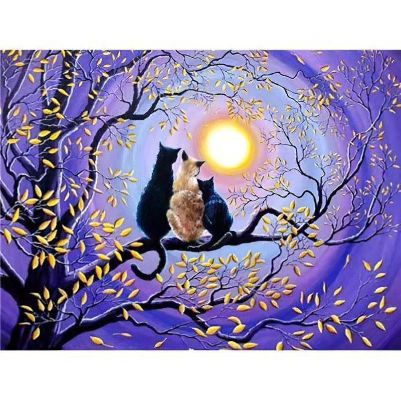 Three Cats On The Tree Under The Moon Diamond Painting Diamond Art Kit
