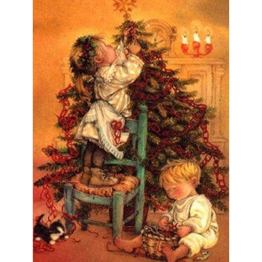 Two Children and Christmas Tree Diamond Painting Diamond Art Kit